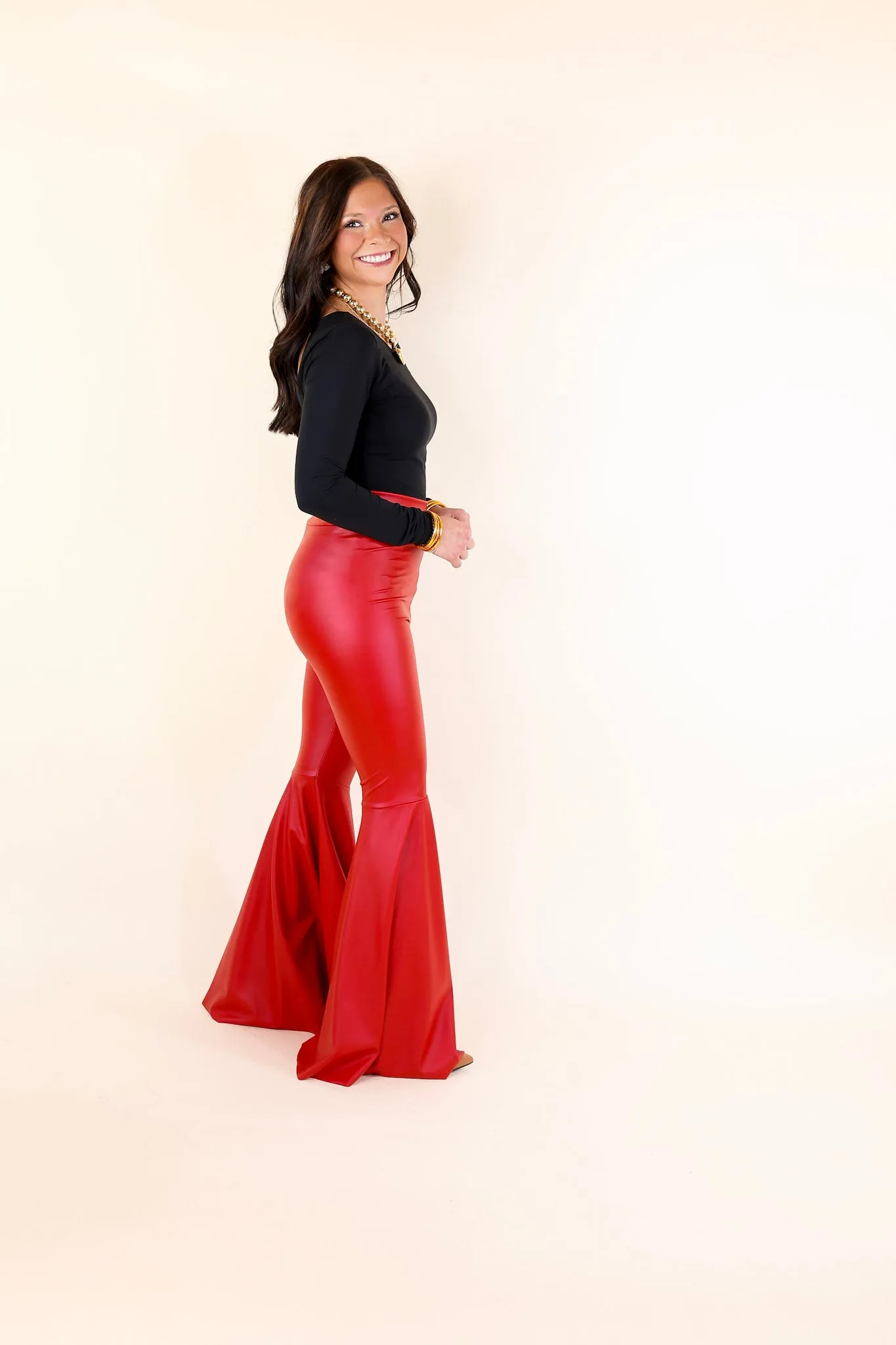 Nearly Famous Faux Leather Bell Bottom Pants in Red