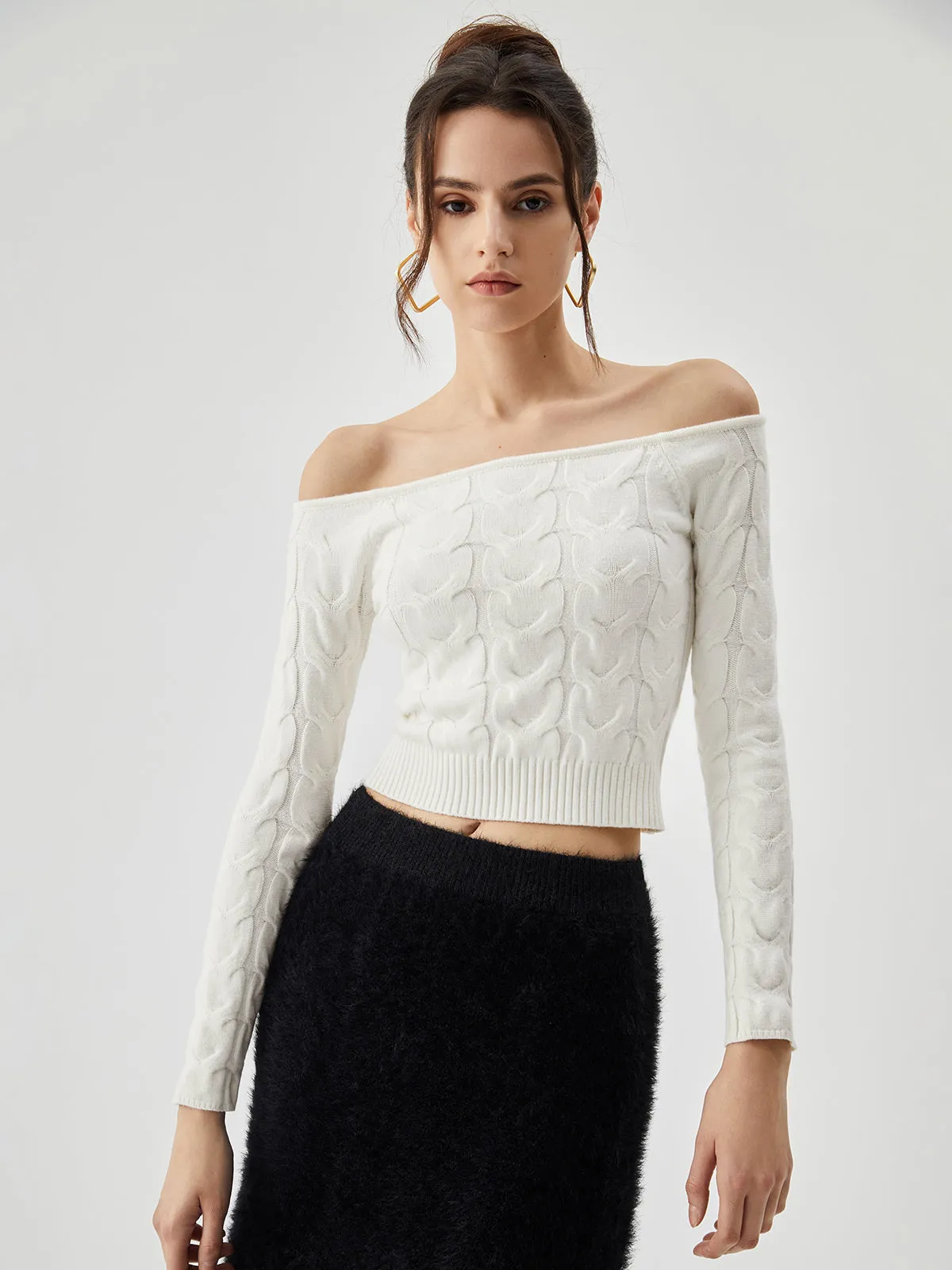 Off Shoulder Long Trendy Sleeve Cable Crop Sweater