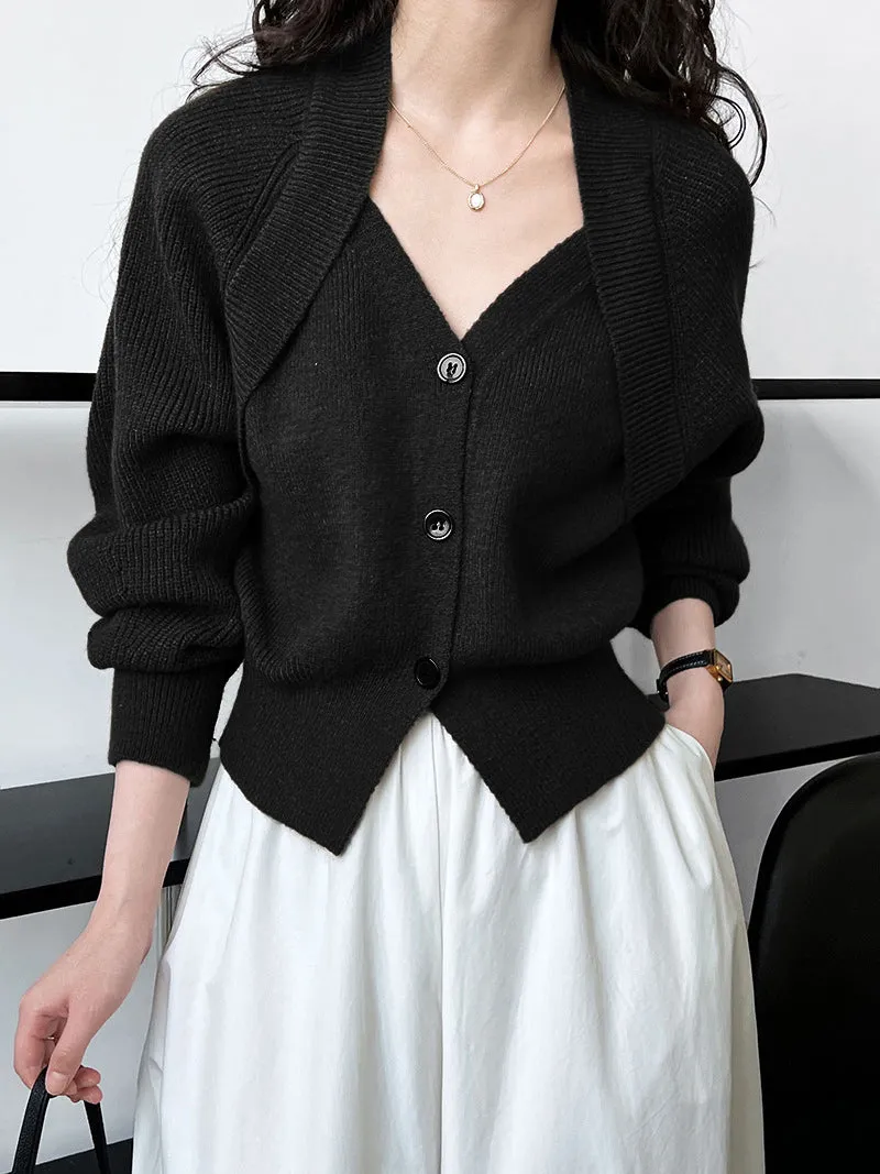 Patchwork V-neck Graceful Button Sweater