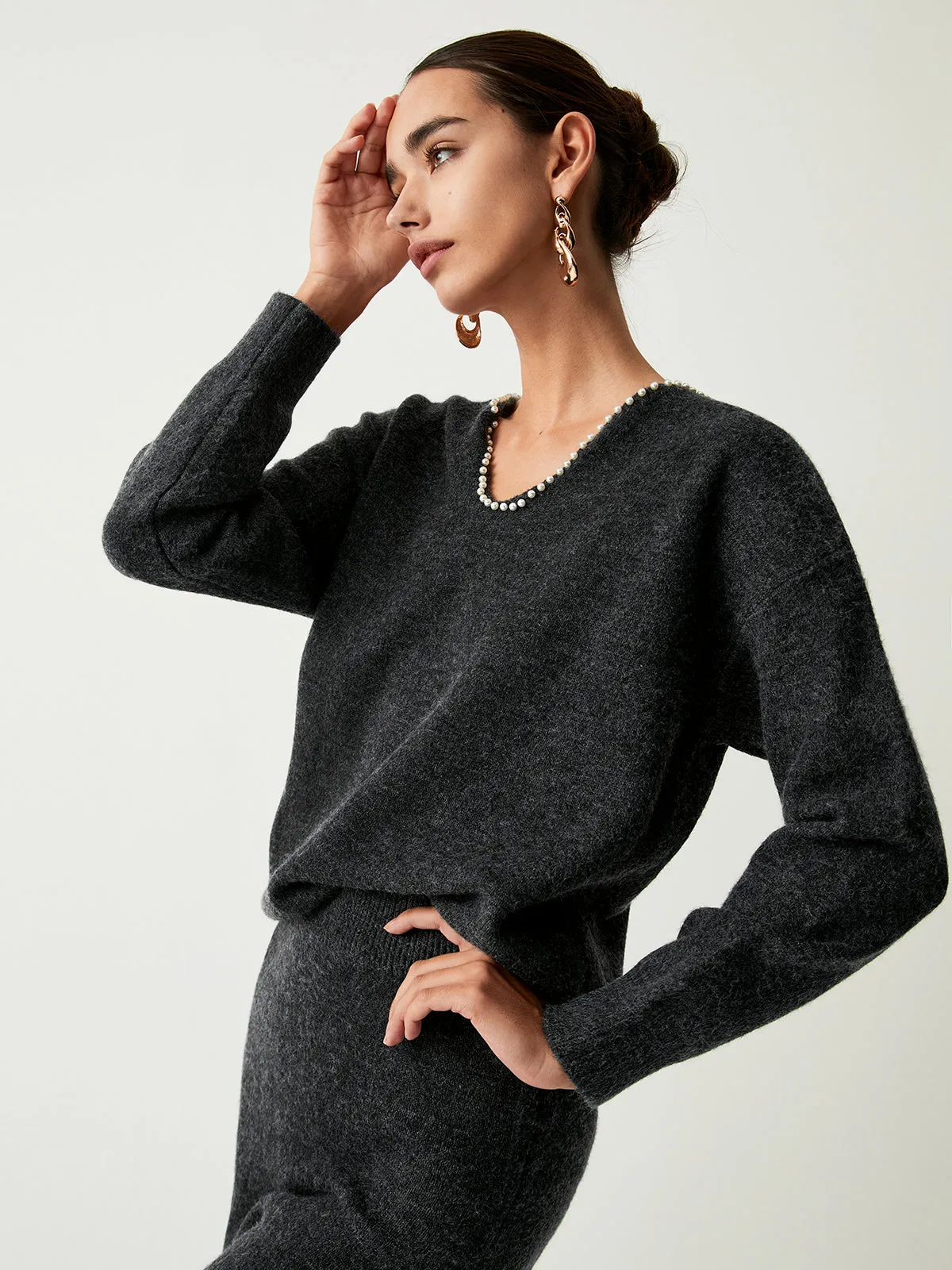 Pearl Trim Sweater Trendy Two Piece Skirt Set