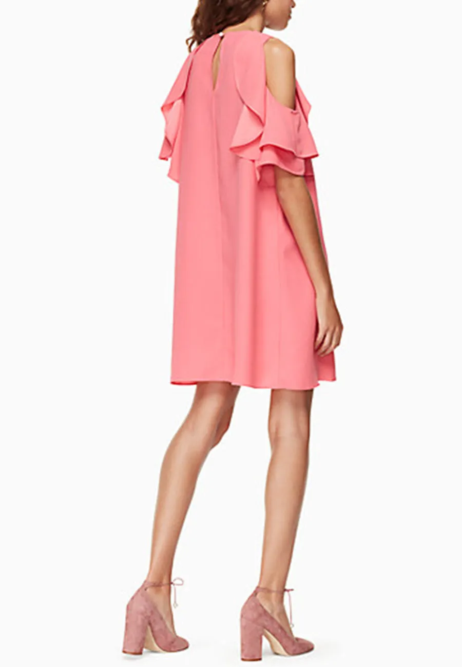 Pink Cold Shoulder Ruffle Crepe Mini Dress