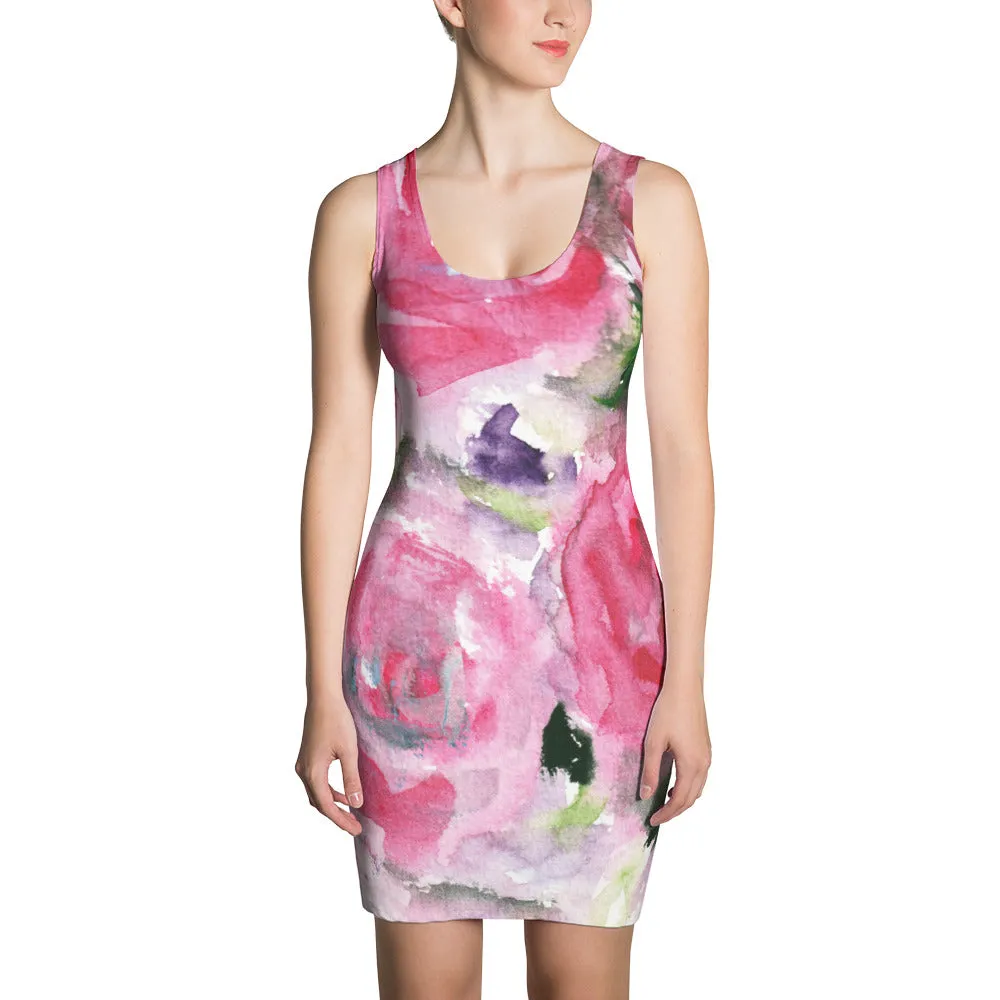 Pink Rose Floral Dress, Crewneck Feminine Long Sleeveless Women's Dress - Made in USA/EU