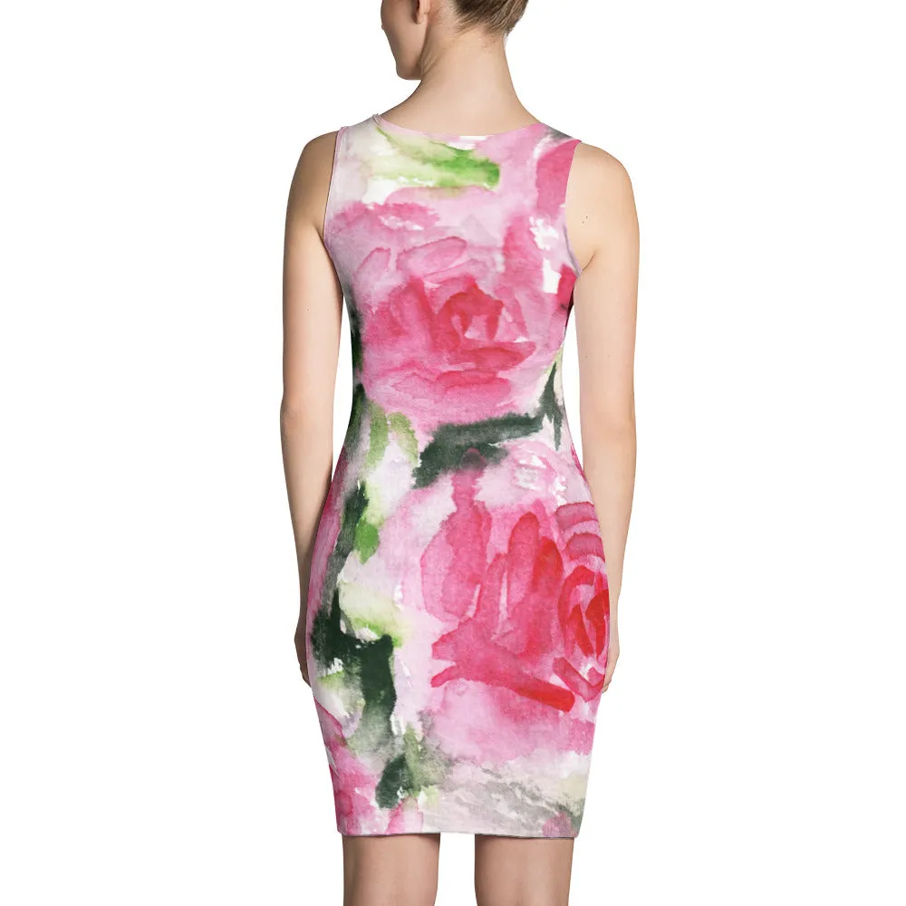 Pink Rose Floral Dress, Crewneck Feminine Long Sleeveless Women's Dress - Made in USA/EU