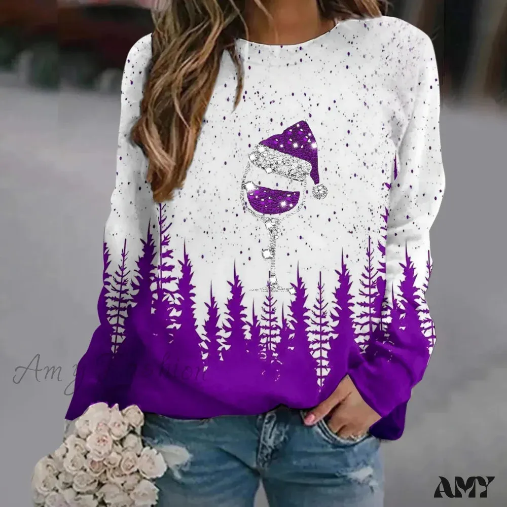 Print Crew Neck Soft Long Sleeve Casual Loose Y2K Winter Christmas Hoodie