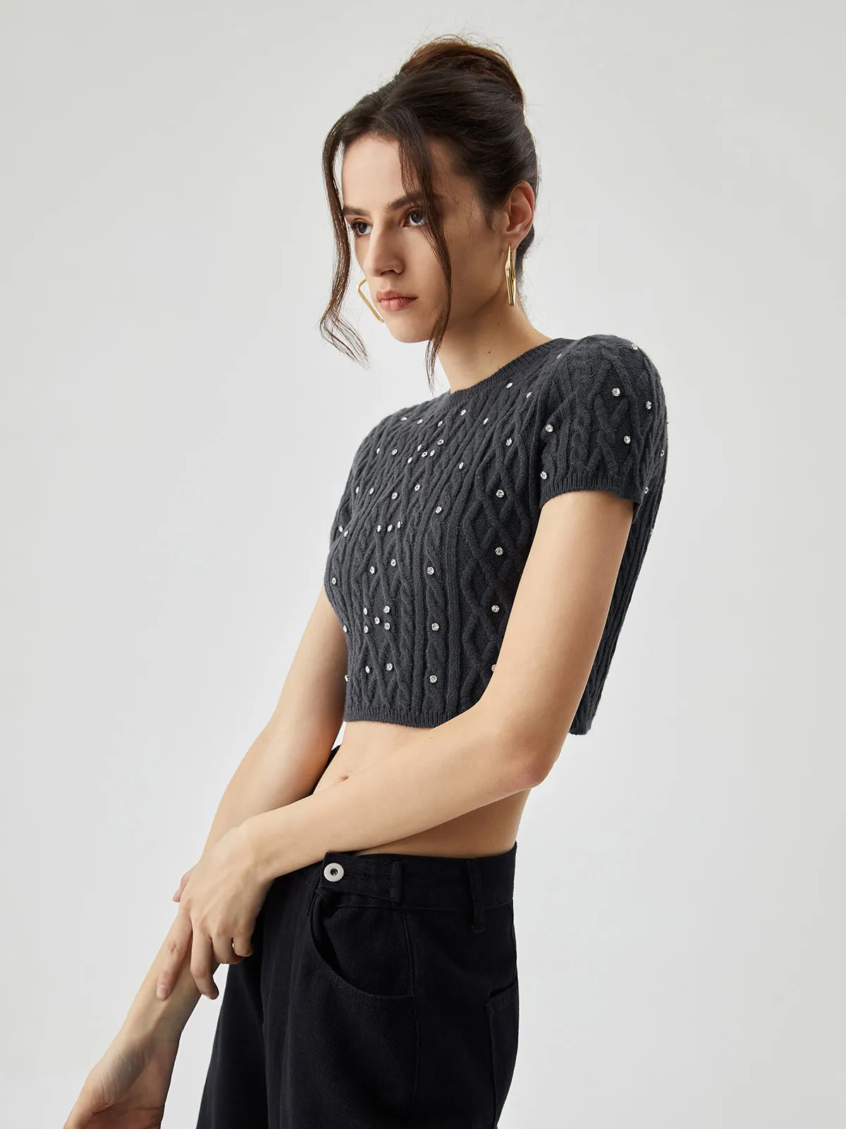 Rhinestones Decor Cable Trendy Knit Crop Top