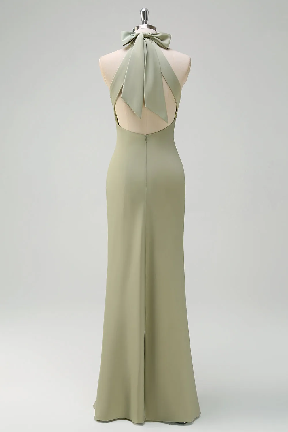 Sheath Sage Halter Backless Bridesmaid Dress