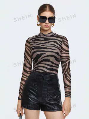 SHEIN BIZwear Zebra Striped Mock Neck Tee