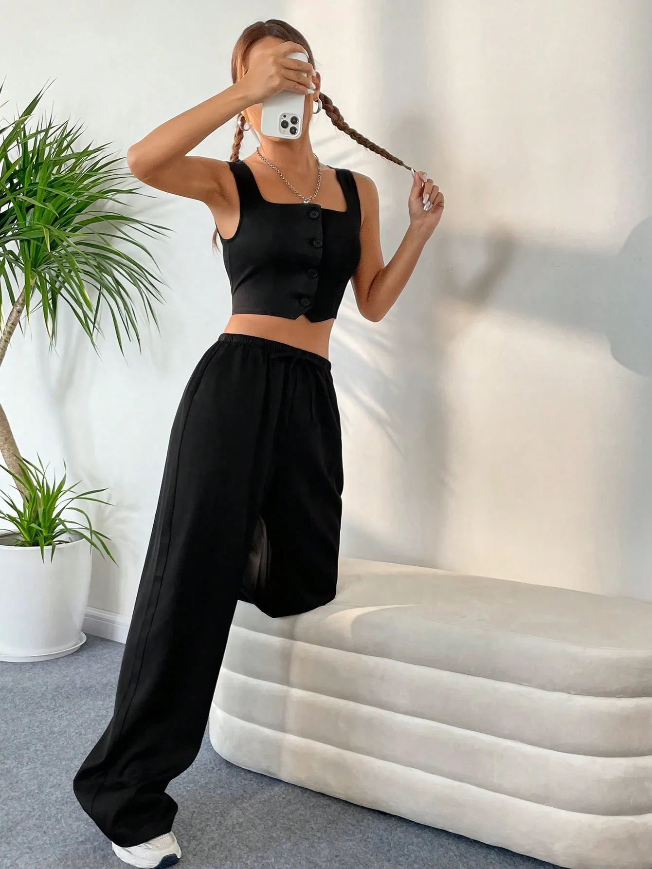 SHEIN Button Front Tank Top & Wide Leg Pants