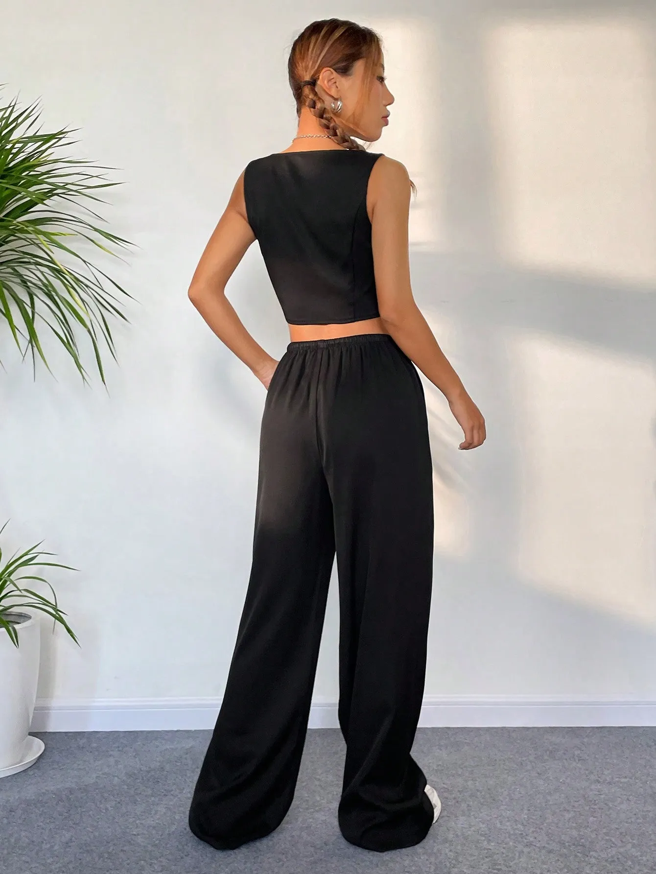 SHEIN Button Front Tank Top & Wide Leg Pants