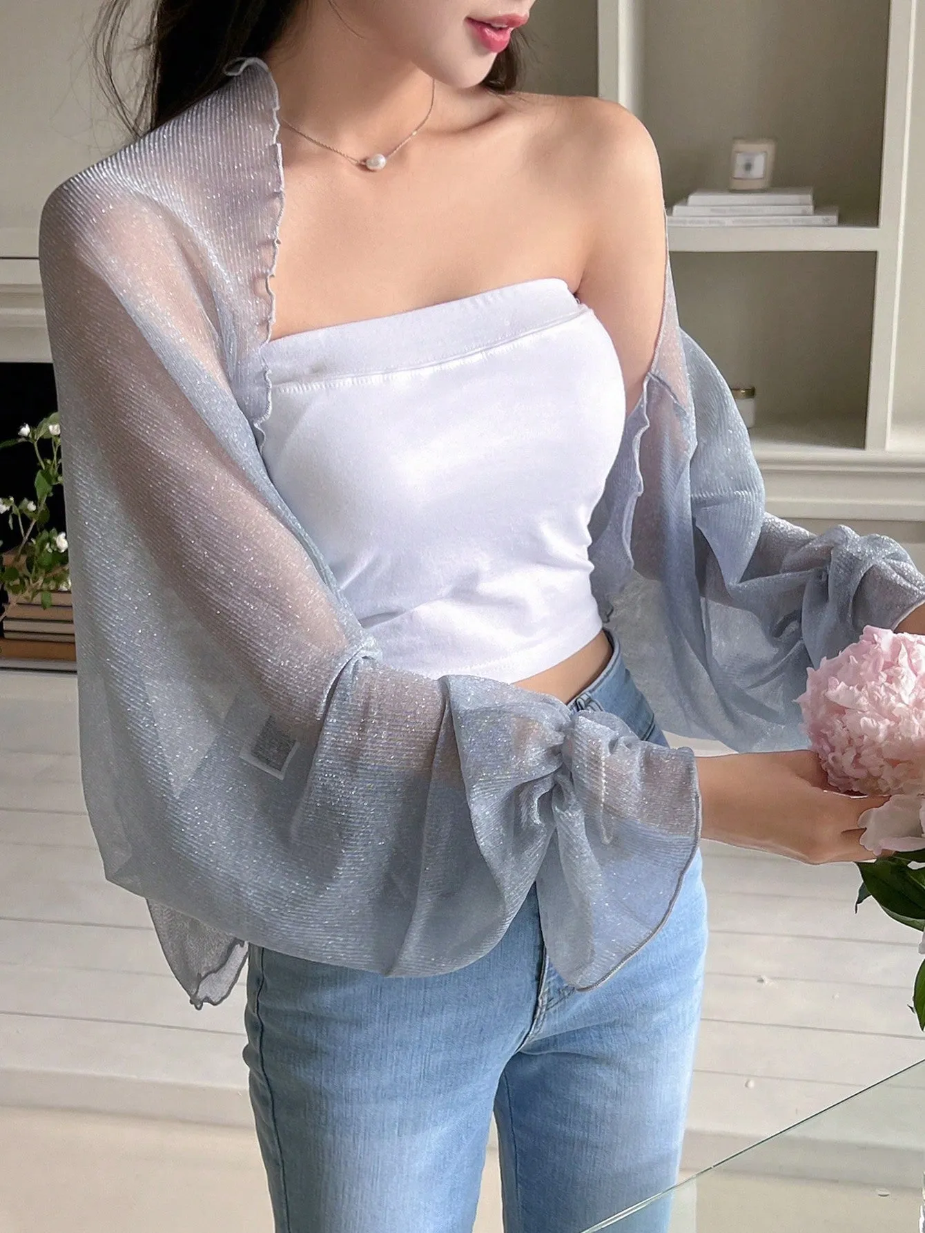 SHEIN DAZY Solid Open Front Flare Sleeve Top Without Tube Top