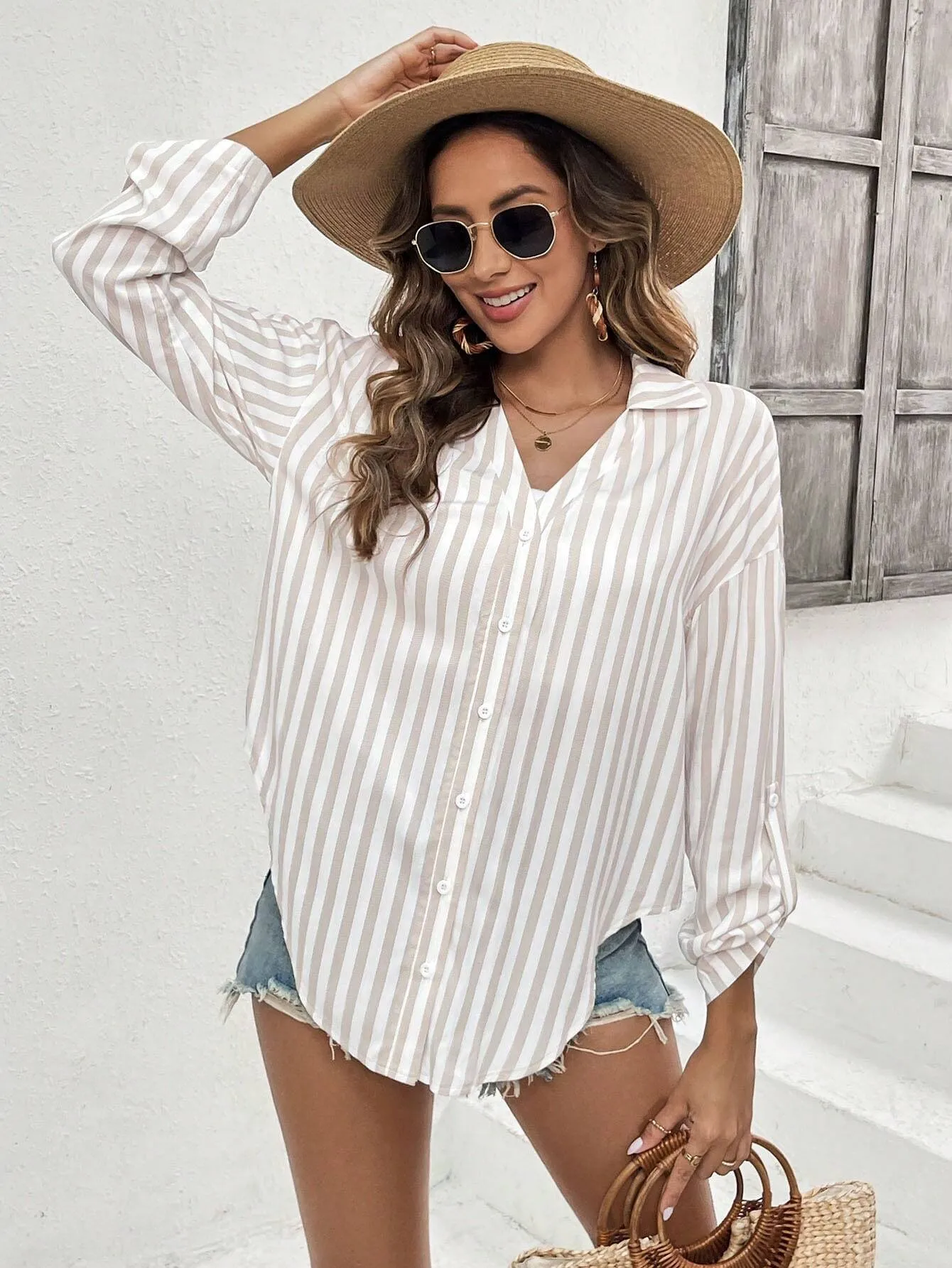 SHEIN Frenchy Women's Old Money Outfits Striped Printed Linen Casual Long-Sleeved Shirt