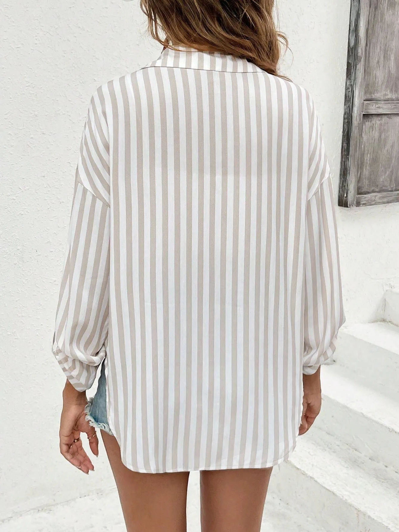 SHEIN Frenchy Women's Old Money Outfits Striped Printed Linen Casual Long-Sleeved Shirt