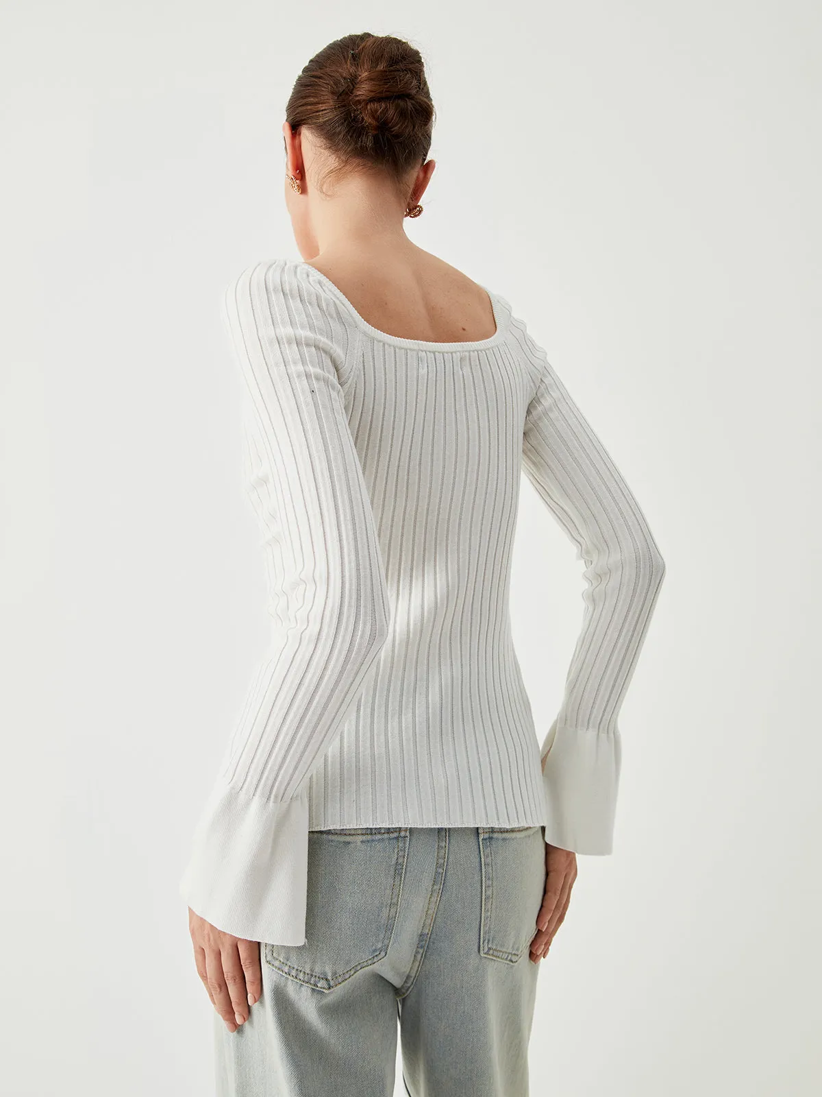 Square Neck Ribbed Trendy Knit Button-down Sweater