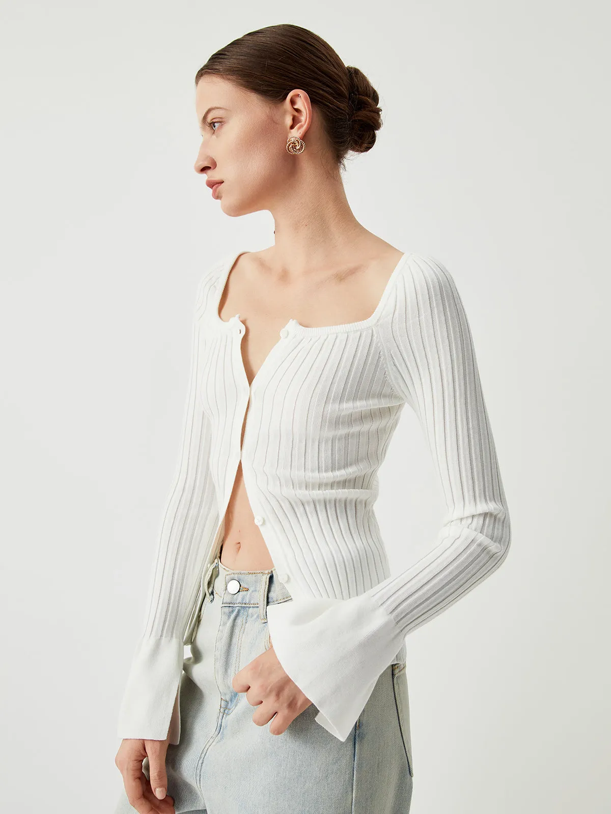 Square Neck Ribbed Trendy Knit Button-down Sweater