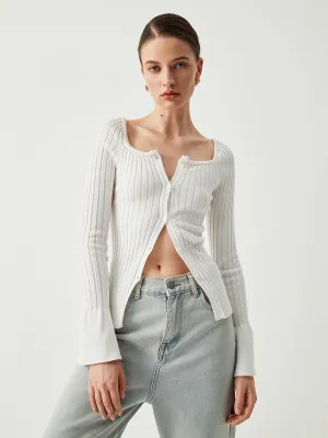 Square Neck Ribbed Trendy Knit Button-down Sweater