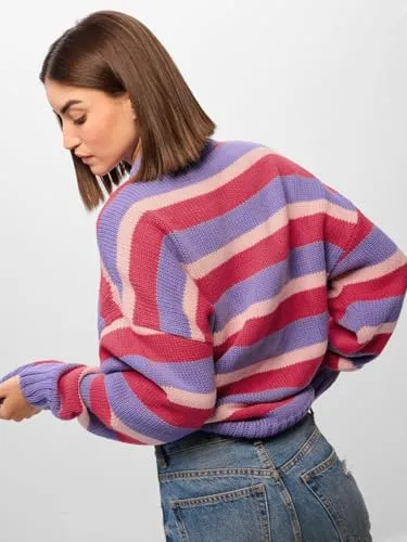 The Souled Store Cherry Blossom Women and Girls Long Sleeves Round Neck Striped Acrylic Oversized Sweaters