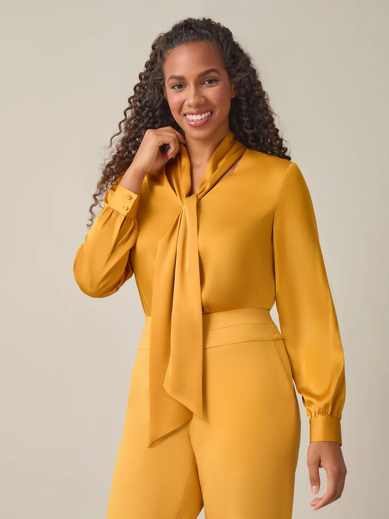 Tie-Neck Long Sleeve Blouse, Gold Signature