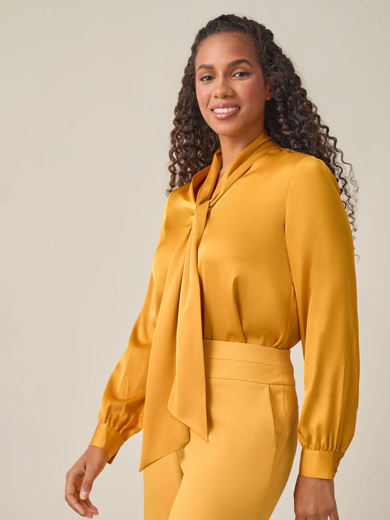 Tie-Neck Long Sleeve Blouse, Gold Signature