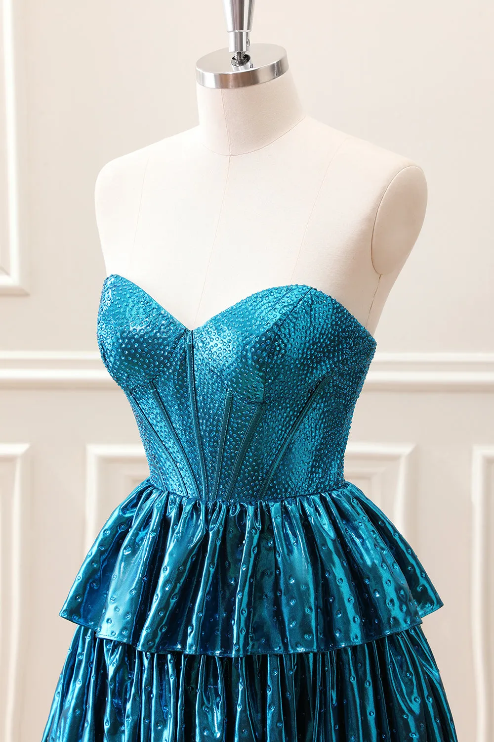 Unique Peacock Blue Strapless Tiered Pleated Corset A Line Mini Dress