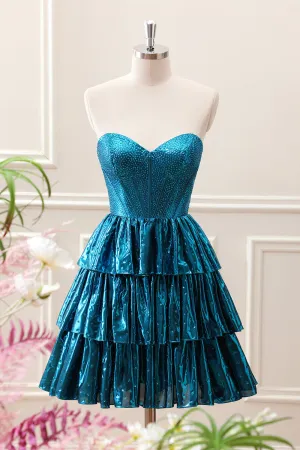 Unique Peacock Blue Strapless Tiered Pleated Corset A Line Mini Dress