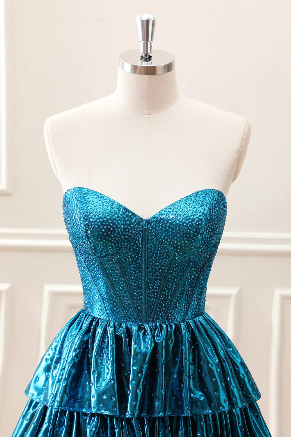 Unique Peacock Blue Strapless Tiered Pleated Corset A Line Mini Dress