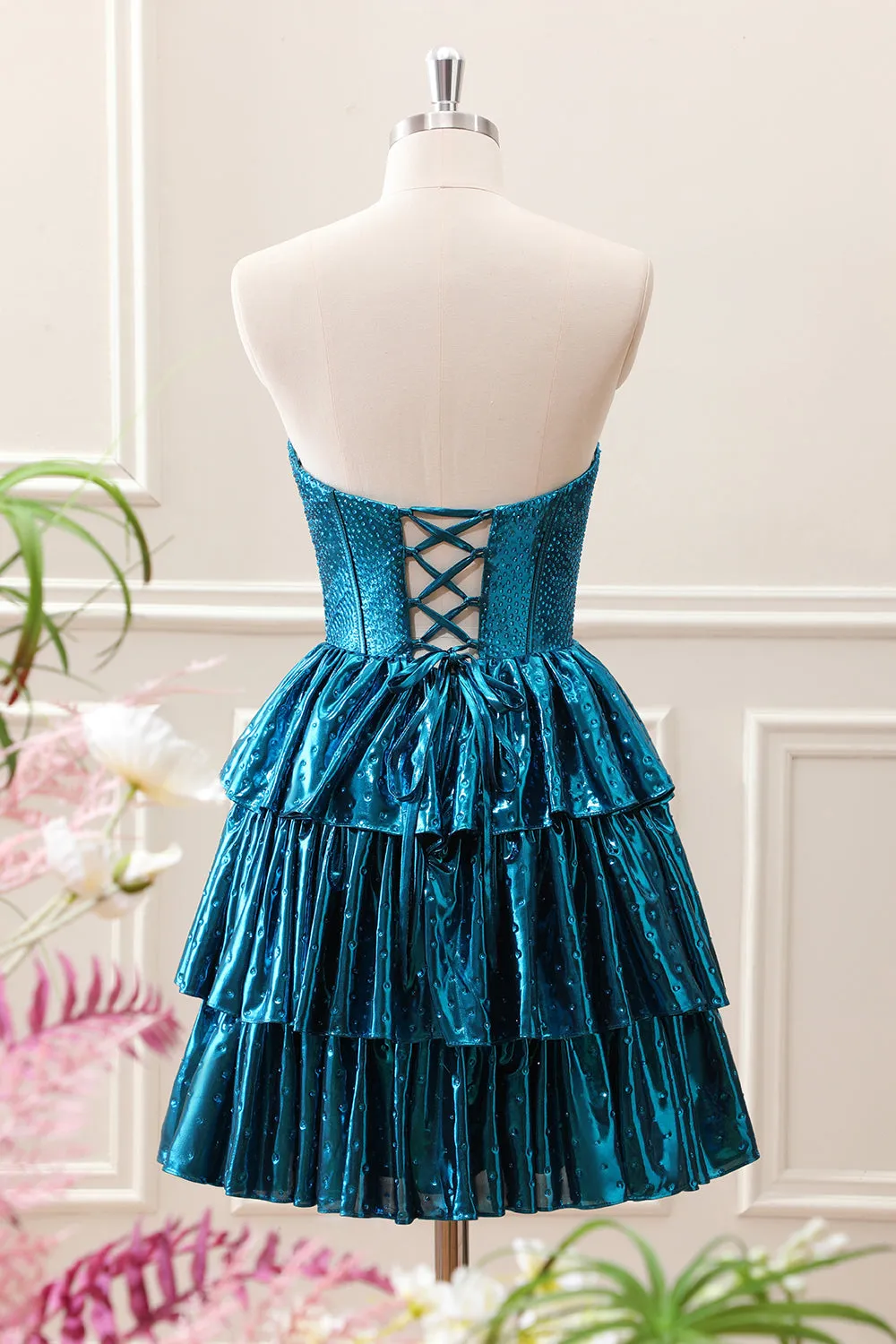 Unique Peacock Blue Strapless Tiered Pleated Corset A Line Mini Dress