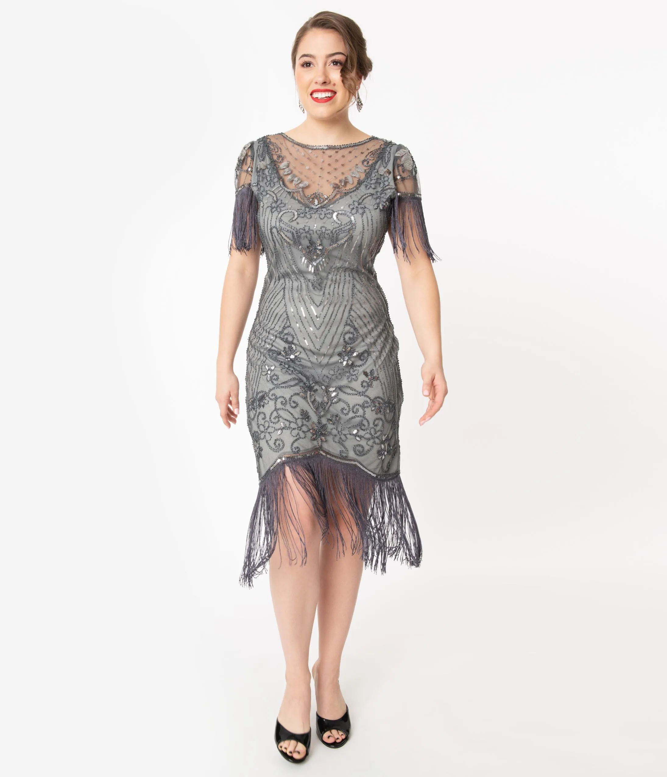 Unique Vintage 1920s Grey Beaded Nadine Flapper Dress