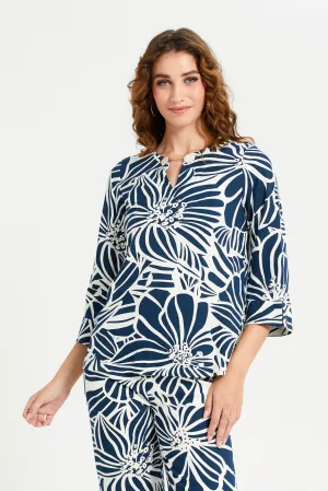 Women Blue Mono Print Metal Trim Blouse