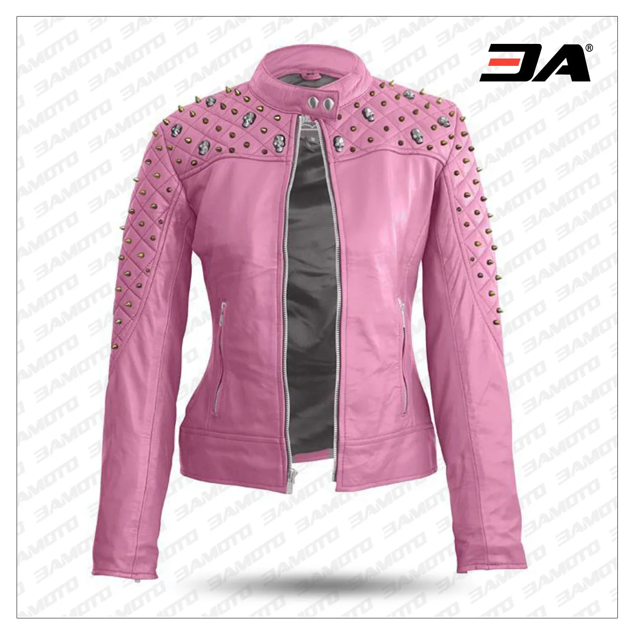 Women Pink Quilted Gold Studded Skeletons Genuine Leather Jacket