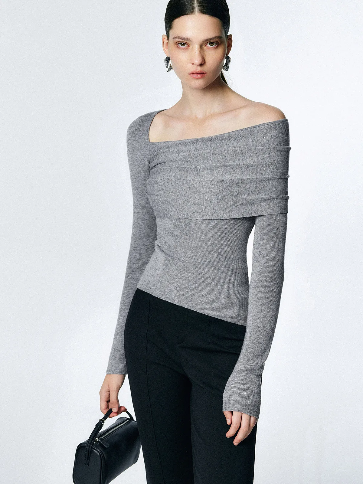 Wool-blend Asymmetric Shoulder Trendy Overfold Knit Top