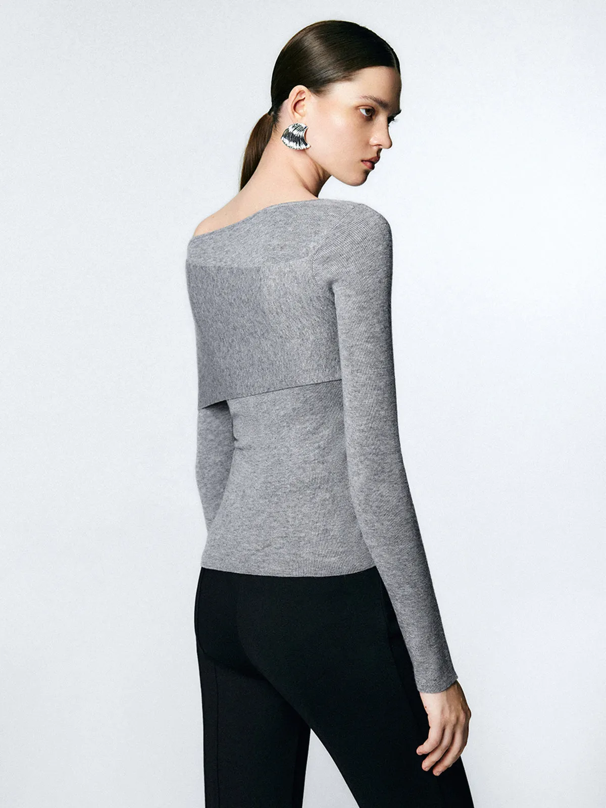 Wool-blend Asymmetric Shoulder Trendy Overfold Knit Top