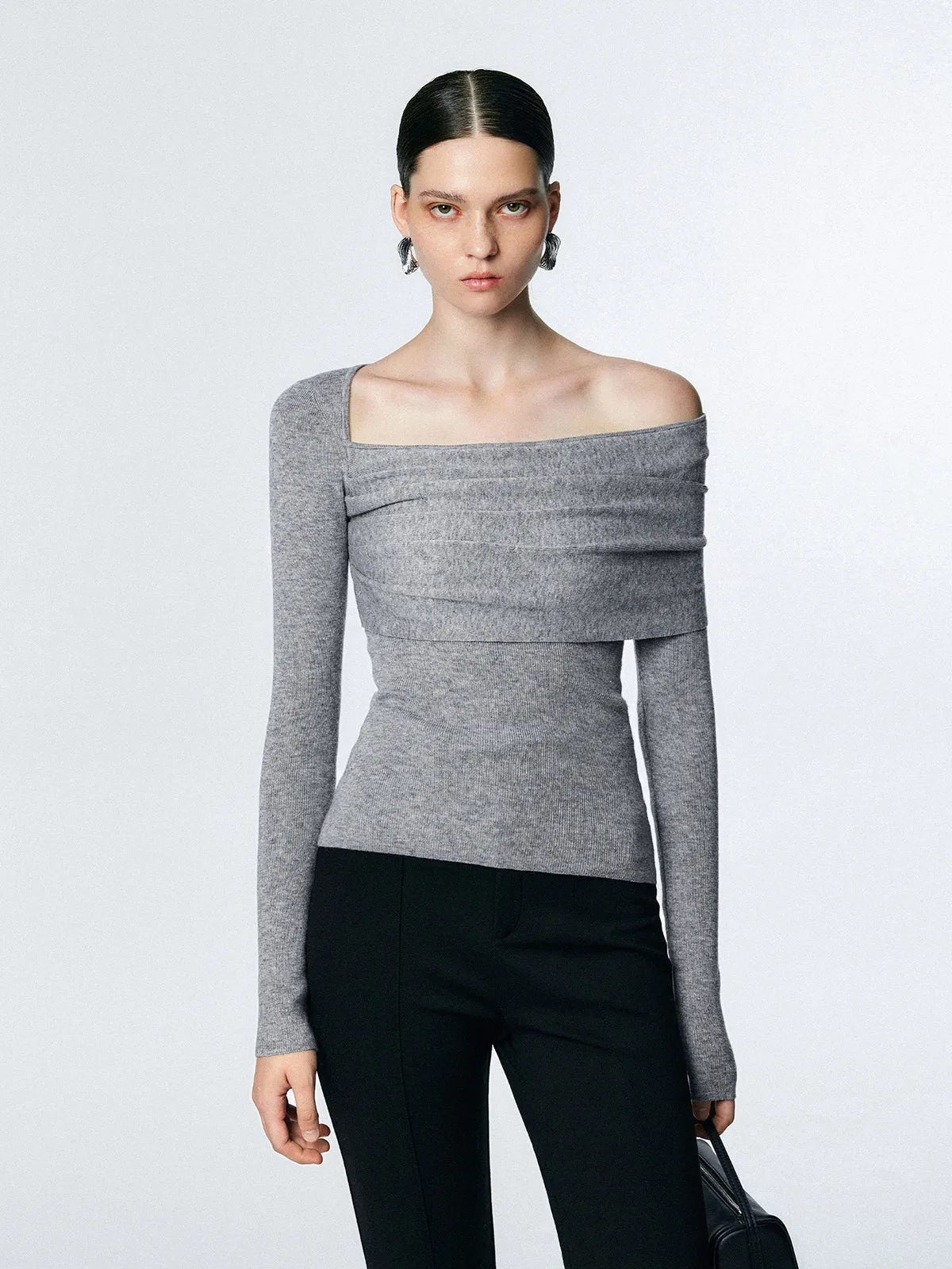 Wool-blend Asymmetric Shoulder Trendy Overfold Knit Top