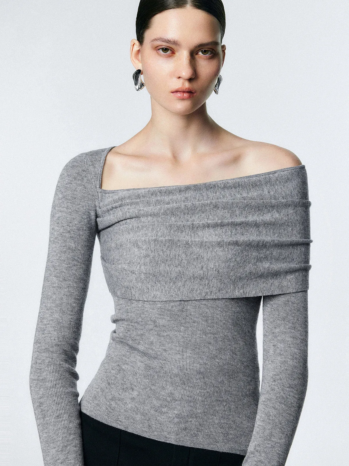 Wool-blend Asymmetric Shoulder Trendy Overfold Knit Top